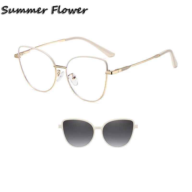 Summer Flower Women's Full Rim Cat Eye Steel Eyeglasses Clip On Sunglasses 617102