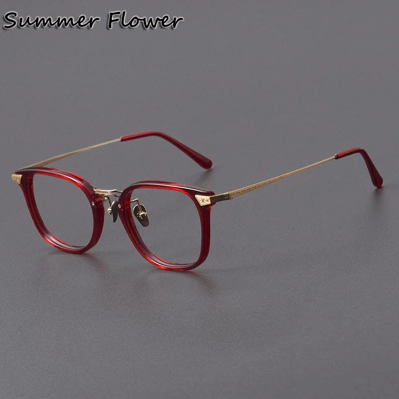 Summer Flower Unisex Full Rim Square Acetate Titanium Eyeglasses 84023 Full Rim Summer Flower Wine Red