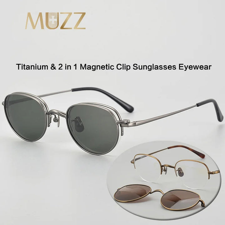 Muzz Women's Semi Rim Oval Titanium Eyeglasses Clip On Sunglasses 4447 With Clip Ons Muzz   