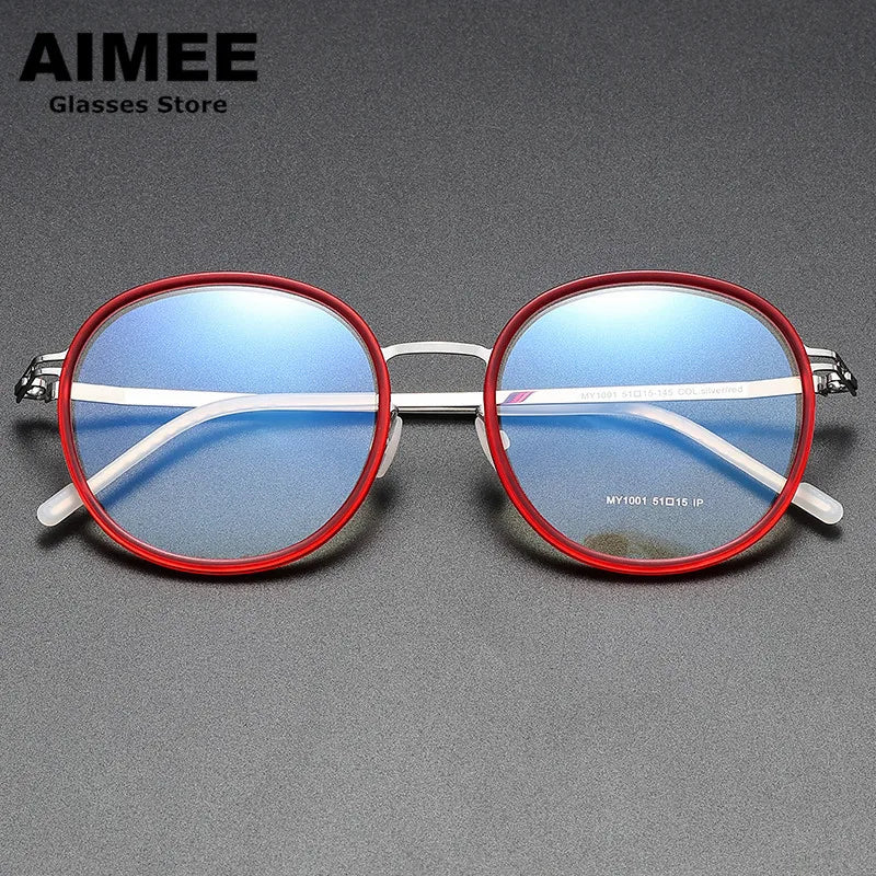 Aimee Unisex Full Rim Round Screwless Titanium Acetate Eyeglasses 2511 Full Rim Aimee Red-Silver  