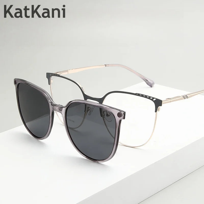 KatKani Womens Full Rim Cat Eye Alloy  Eyeglasses With Clip On Sunglasses 2258 Clip On Sunglasses KatKani Eyeglasses   