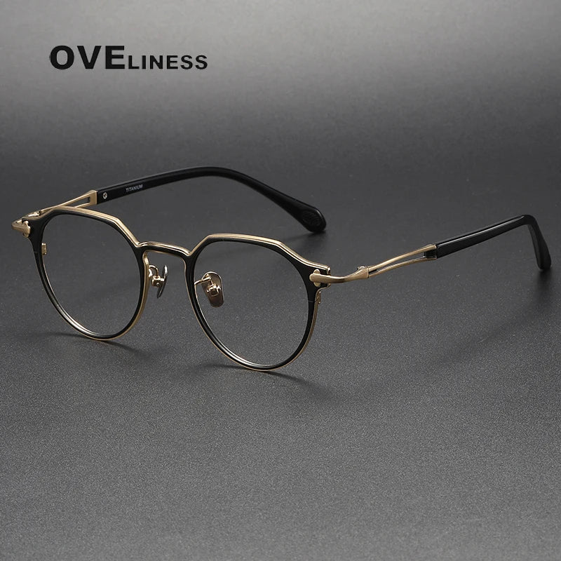 Oveliness Unisex Full Rim Flat Top Round Titanium Eyeglasses 4621 Full Rim Oveliness black gold  