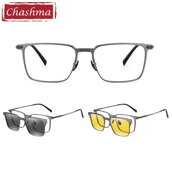 Chashma Ochki Men's Full Rim Square Titanium Eyeglasses Clip On Sunglasses 888002