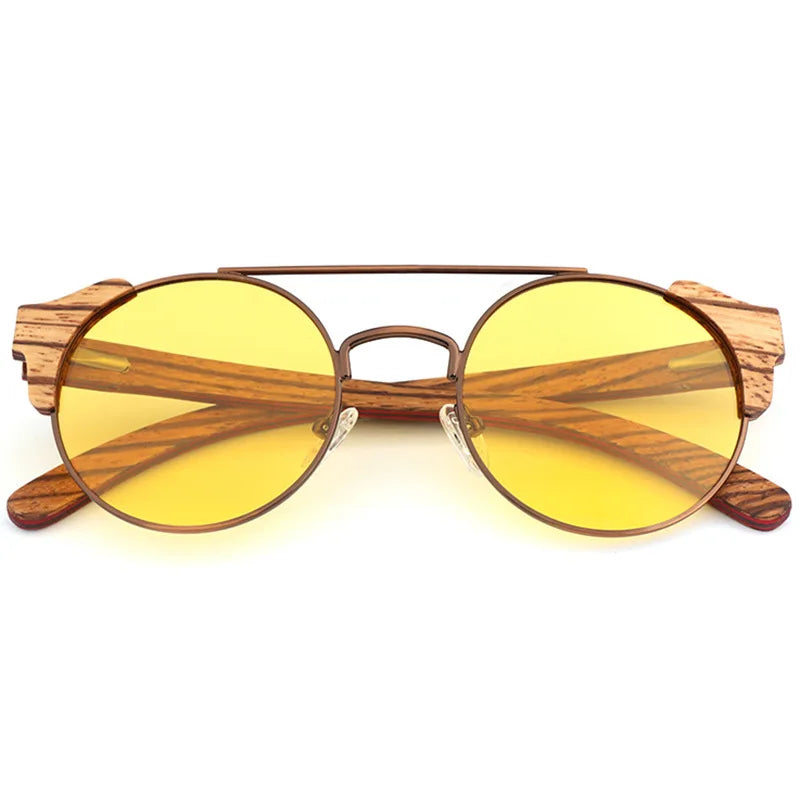Hdcrafter Unisex Full Rim Round Alloy Wood Sunglasses 56229 Sunglasses HdCrafter Sunglasses Yellow  