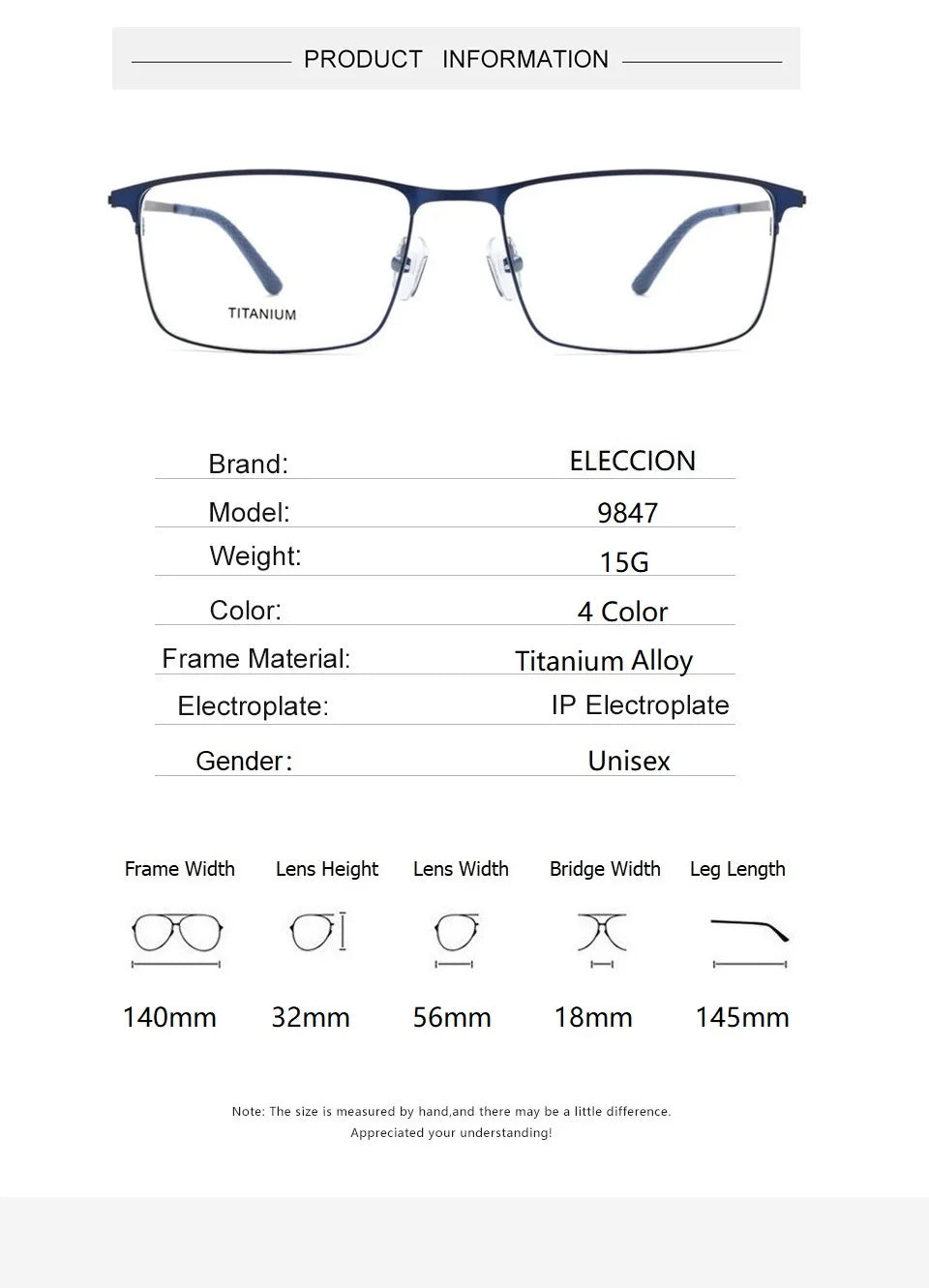 Eleccion Men's Full Rim Square Titanium Alloy Eyeglasses 9847