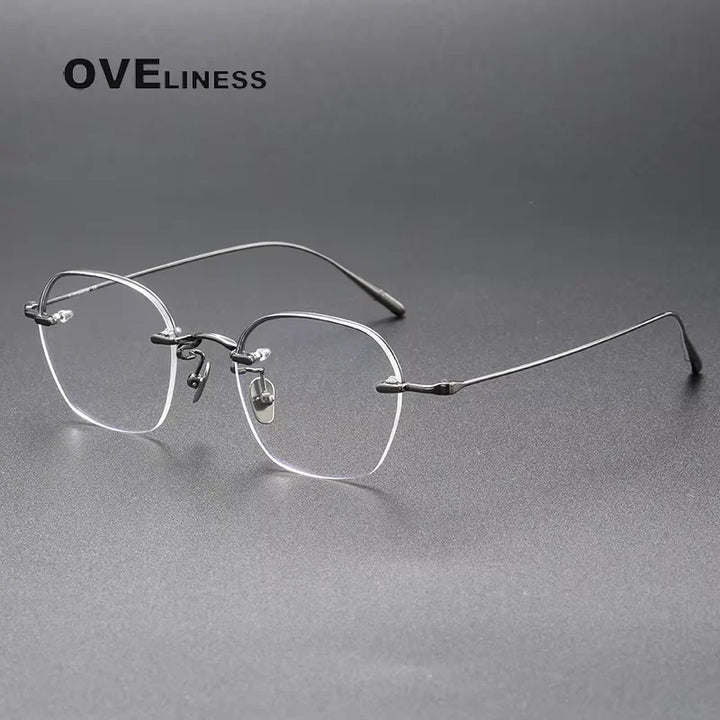 Oveliness Women's Semi Rim Polygon Oval Titanium Eyeglasses 71312 Semi Rim Oveliness gun