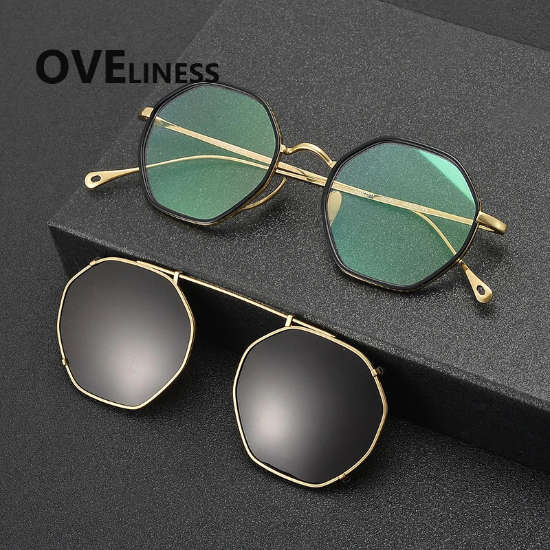 Oveliness Women's Full Rim Polygon Titanium Eyeglasses Clip On Sunglasses 77311