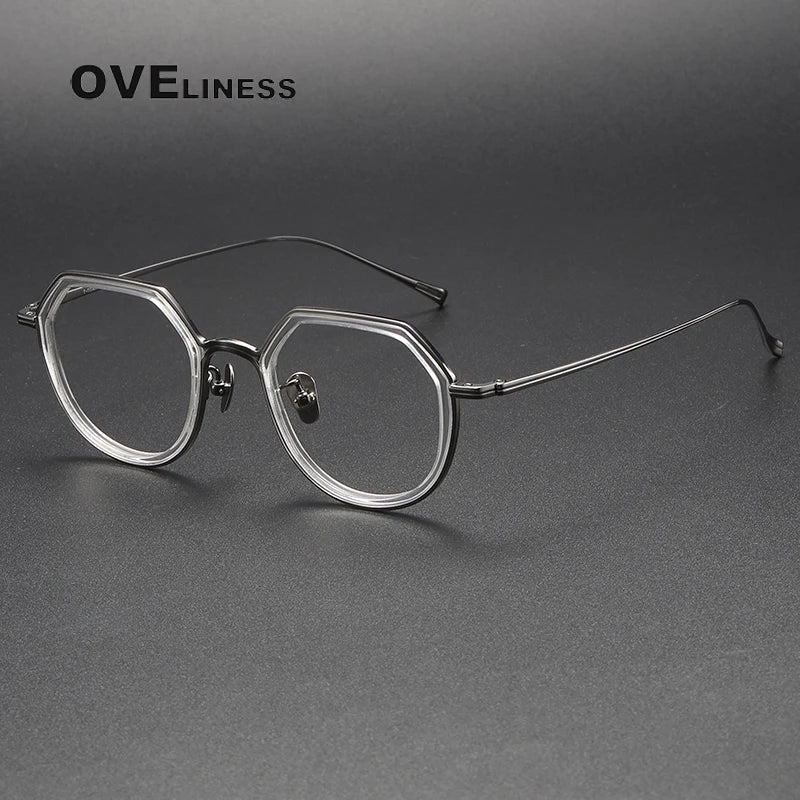 Oveliness Unisex Full Rim Polygon Acetate Titanium Eyeglasses U136 Full Rim Oveliness clear gun  