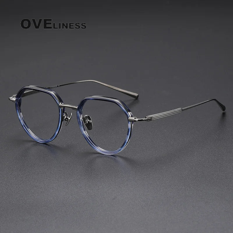 Oveliness Unisex Full Rim Flat Top Round Titanium Acetate Eyeglasses O6701 Full Rim Oveliness tortoise blue gun  