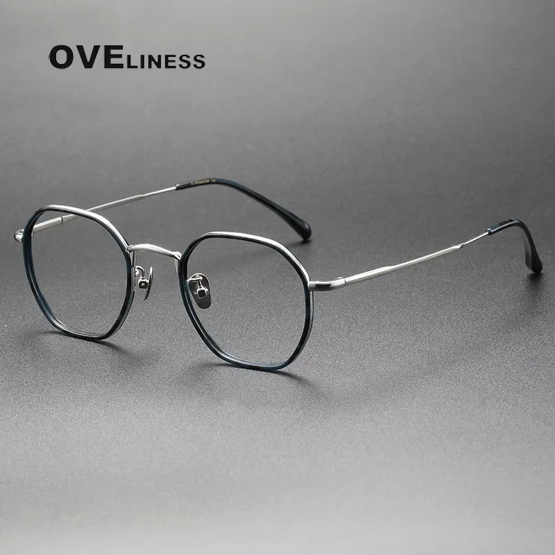 Oveliness Unisex Full Rim Polygon Acetate Titanium Eyeglasses 8502 Full Rim Oveliness tortoise blue silver  