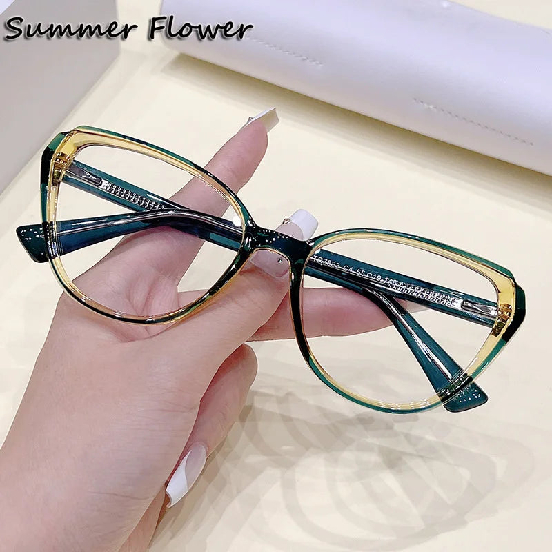 Summer Flower Women's Full Rim Oval Cat Eye Tr 90 Titanium Eyeglasses 87883 Full Rim Summer Flower Green Yellow