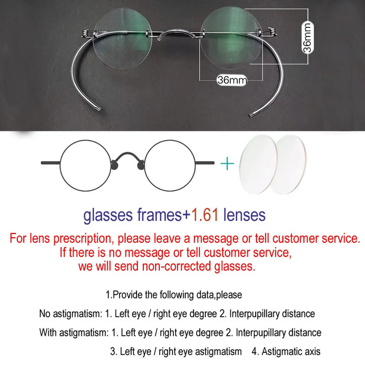 Yujo Unisex Rimless Round Screwless Stainless Steel Eyeglasses 3642 Rimless Yujo 36mm CHINA