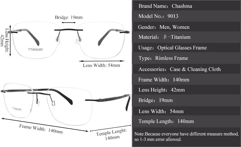 Chashma Unisex Rimless Square Titanium Eyeglasses 59013