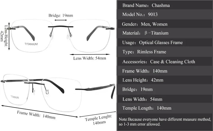 Chashma Unisex Rimless Square Titanium Eyeglasses 59013