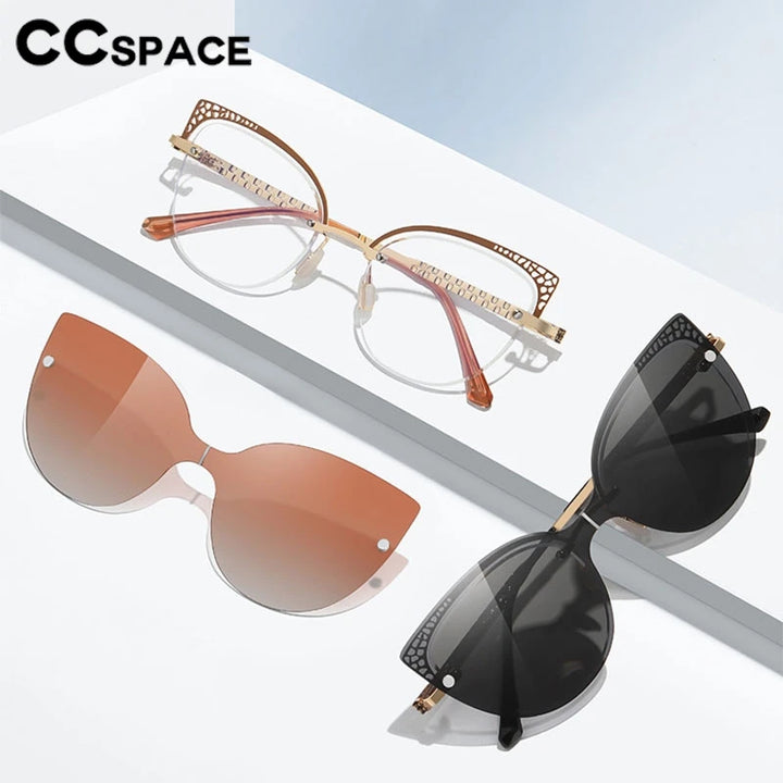 CCSpace Women's Full Rim Oval Cat Eye Alloy Eyeglasses Clip On Sunglasses 302035 With Clip Ons CCspace   