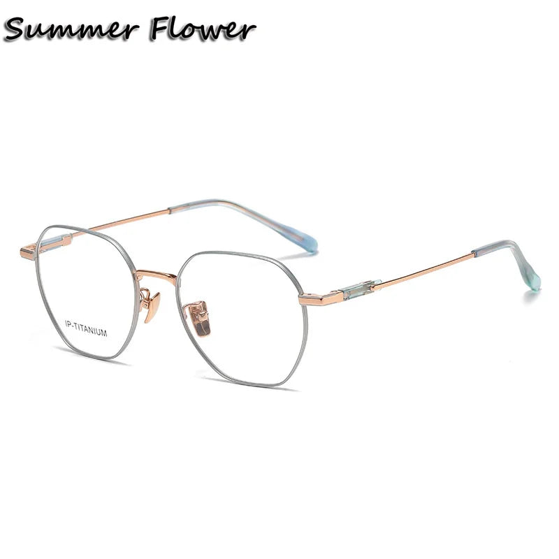 Summer Flower Unisex Full Rim Polygon Oval Titanium Eyeglasses 861010 Full Rim Summer Flower Green Rose Gold