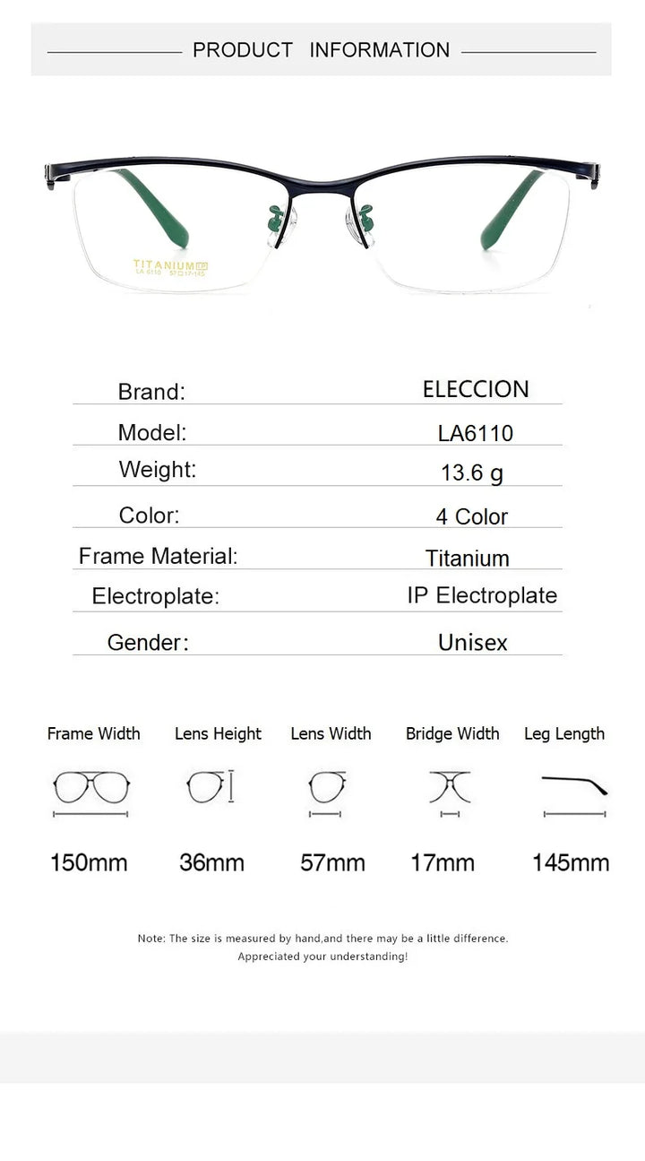 Eleccion Unisex Semi Rim Big Square Brow Line Titanium Eyeglasses 46110