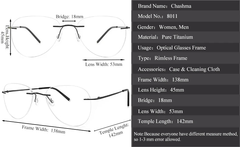 Chashma Women's Rimless Oval Titanium Customizable Lens Eyeglasses 80114