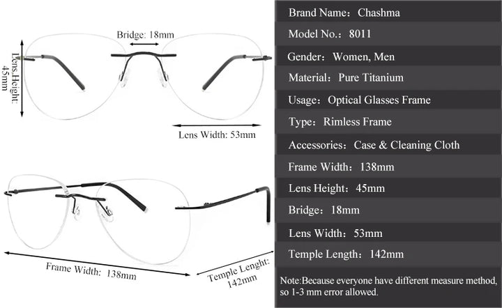 Chashma Women's Rimless Oval Titanium Customizable Lens Eyeglasses 80114