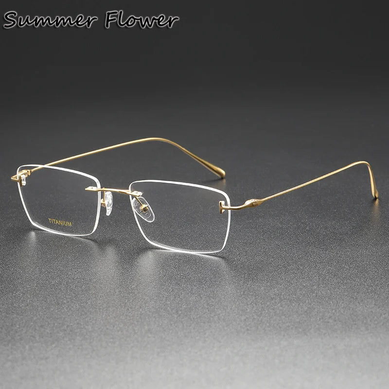 Summer Flower Unisex Rimless Polygon Square Titanium Eyeglasses 85678 Rimless Summer Flower Gold