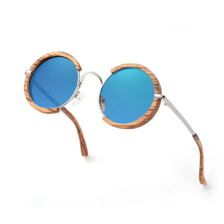 Hdcrafter Unisex Full Rim Round Wood Alloy Polarized Sunglasses 56407 Sunglasses HdCrafter Sunglasses blue  