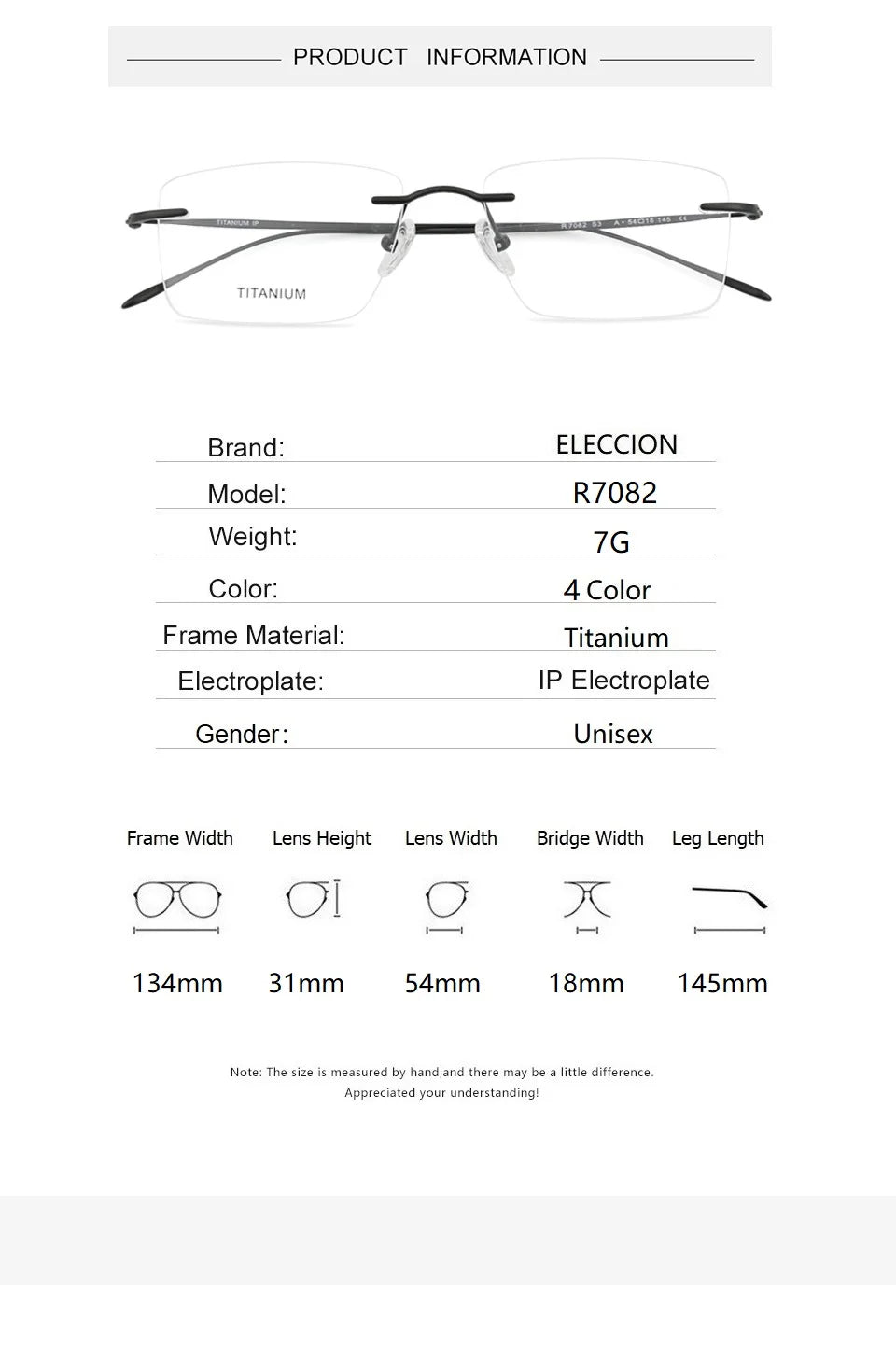 Eleccion Women's Rimless Square Titanium Eyeglasses 7082