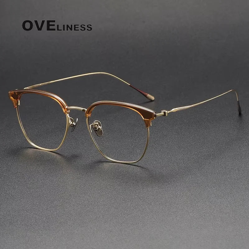 Oveliness Unisex Full Rim Square Titanium Acetate Eyeglasses 80898 Full Rim Oveliness tea gold  