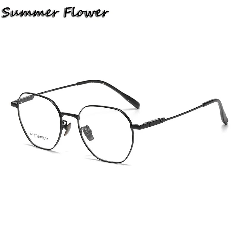 Summer Flower Unisex Full Rim Polygon Oval Titanium Eyeglasses 861010 Full Rim Summer Flower Black