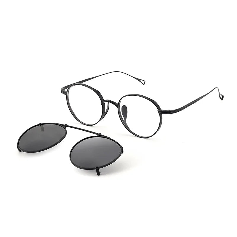 Black Mask Unisex Full Rim Round Titanium Eyeglasses Clip On Sunglasses