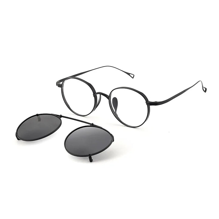 Black Mask Unisex Full Rim Round Titanium Eyeglasses Clip On Sunglasses