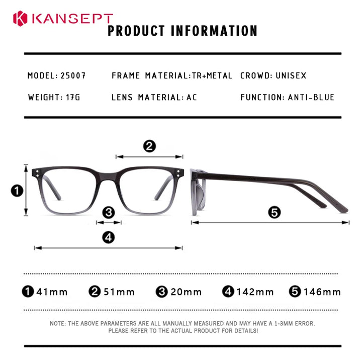 Kansept Unisex Full Rim Square Tr 90 Alloy Reading Glasses 25007