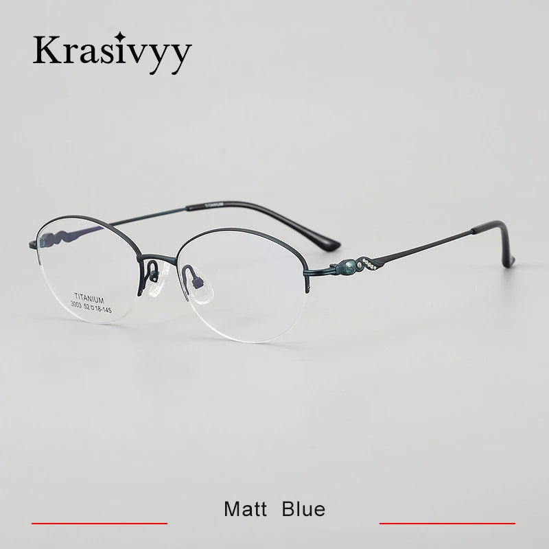 Krasivyy Women's Semi Rim Oval Square Titanium Eyeglasses 443003 Semi Rim Krasivyy Matt Blue  