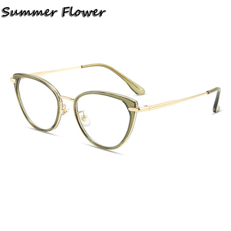 Summer Flower Women's Full Rim Cat Eye Tr 90 Alloy Eyeglasses 11916 Full Rim Summer Flower Green