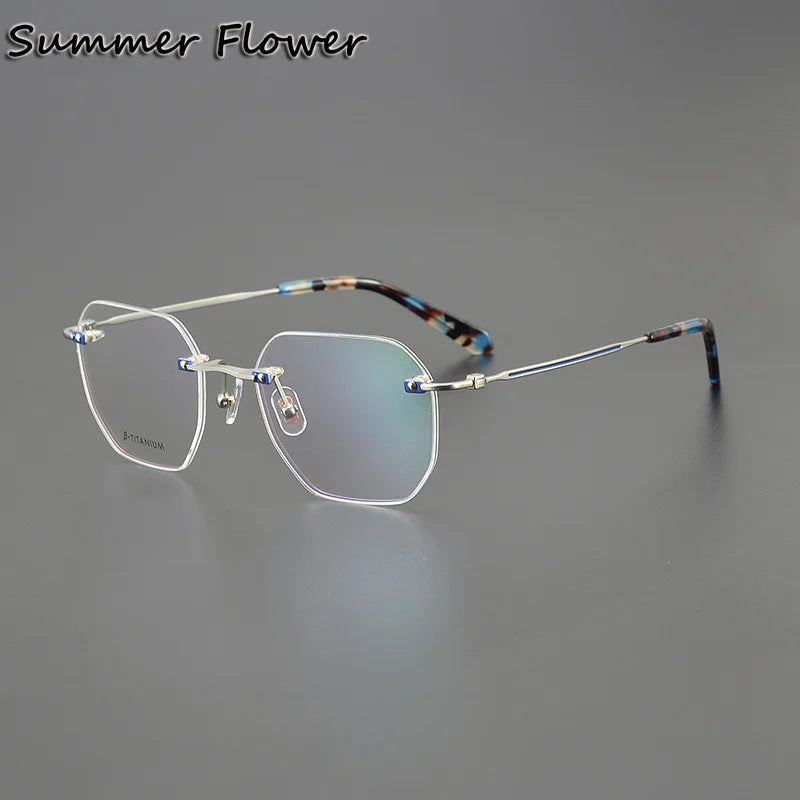 Summer Flower Unisex Rimless Flat Top Polygon Titanium Eyeglasses 28431