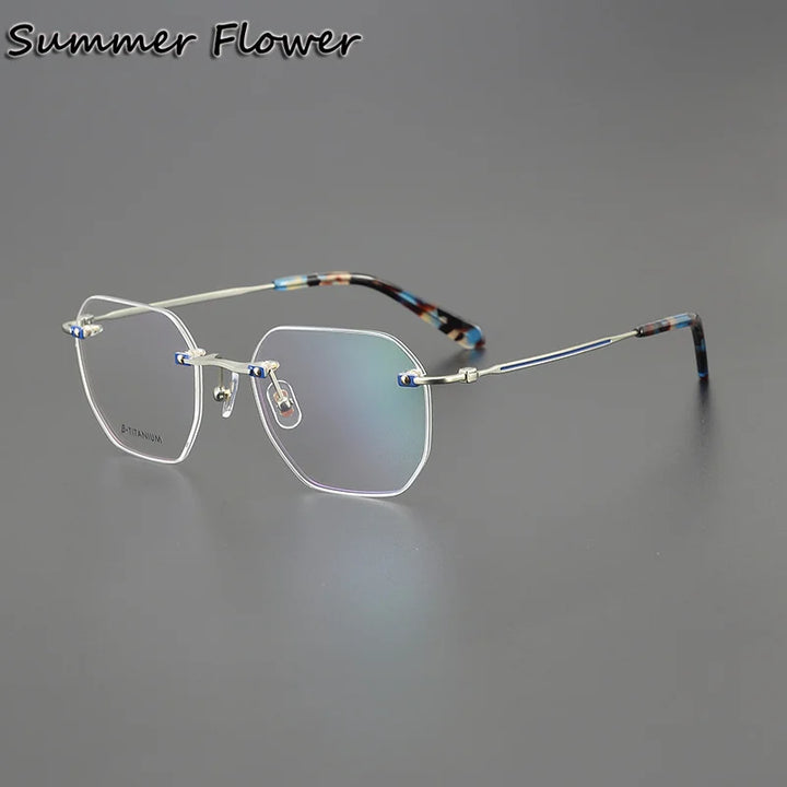 Summer Flower Unisex Rimless Flat Top Polygon Titanium Eyeglasses 28431