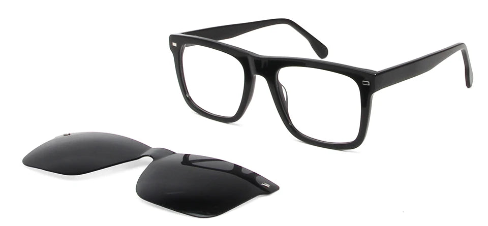 Esnbie Men's Full Rim Square Acetate Eyeglasses Clip On Sunglasses 423291