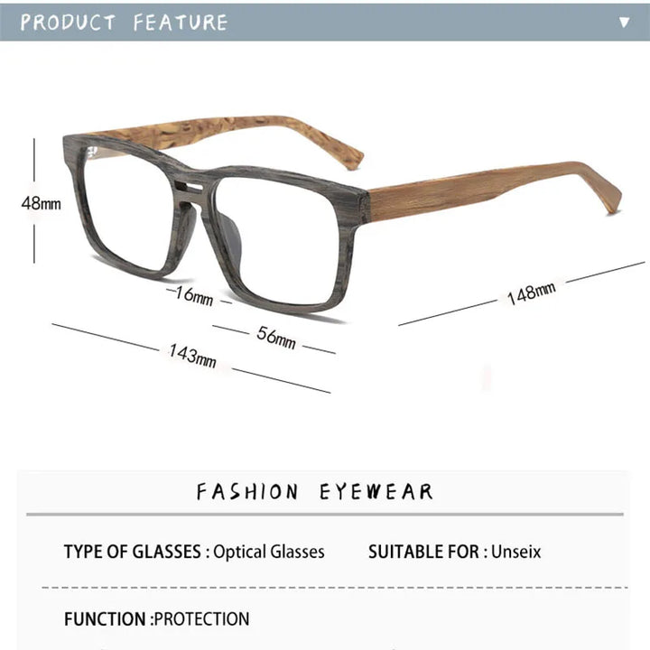 Hdcrafter Unisex Full Rim Square Wood Grain Acetate Eyeglasses 8189 Full Rim Hdcrafter Eyeglasses