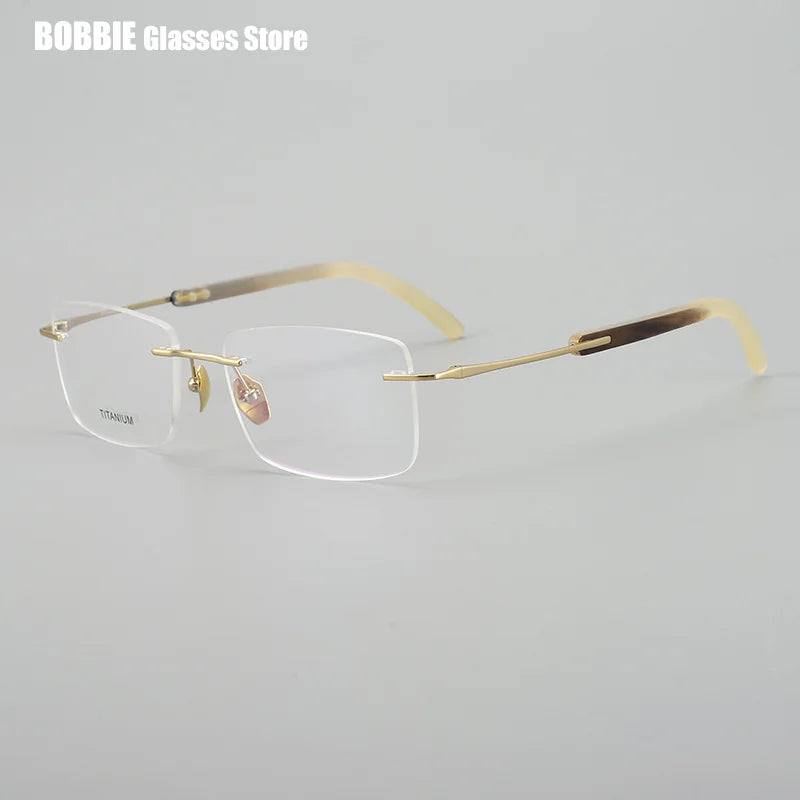 Bobbie Unisex Rimless Square Titanium Horn Temple Eyeglasses 921029