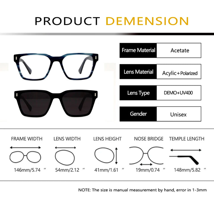 Esnbie Men's Full Rim Square Acetate Eyeglasses Clip On Sunglasses 811211