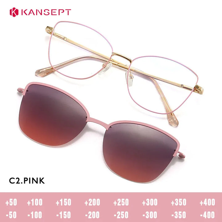 Kansept Women's Full Rim  Cat Eye Alloy Reading Glasses Clip On Sunglasses 70159