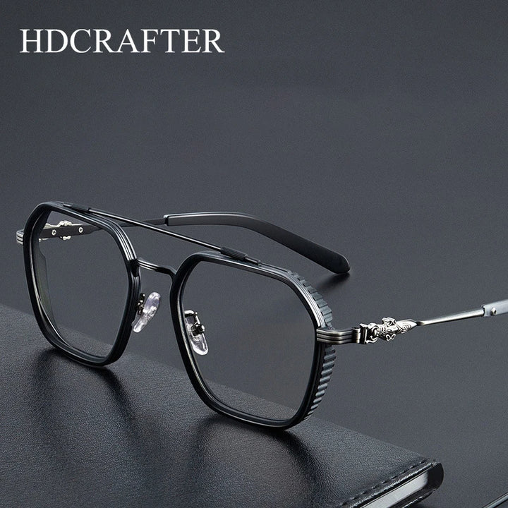 Hdcrafter Mens Full Rim Double Bridge Square Titanium Eyeglasses 82056 Full Rim Hdcrafter Eyeglasses   