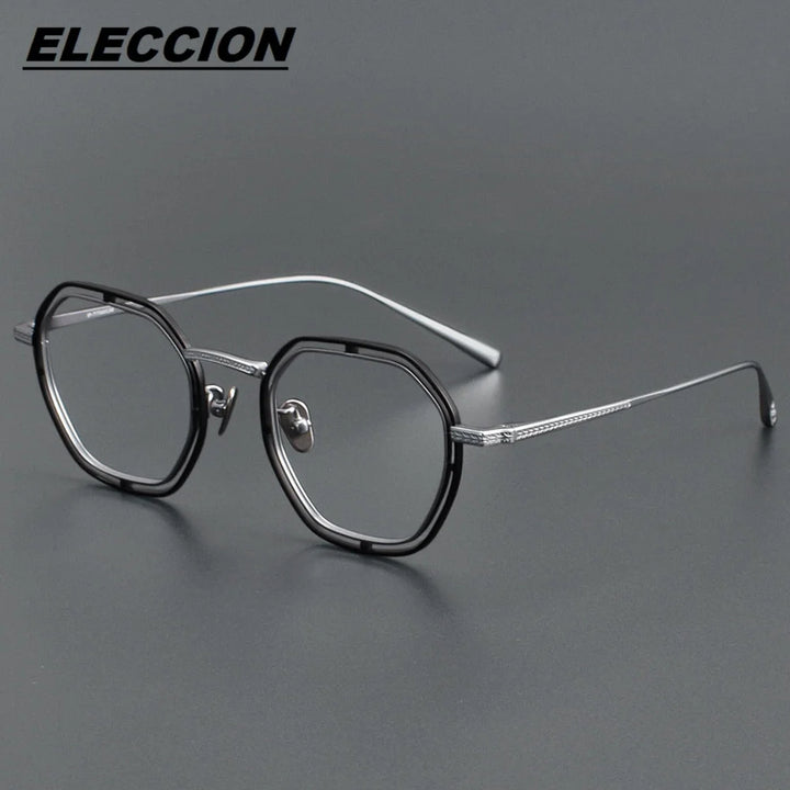 Eleccion Unisex Full Rim Flat Top Polygon Titanium Eyeglasses 44158 Full Rim Eleccion Black - Silver