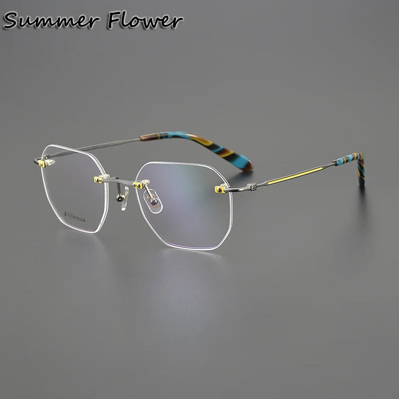 Summer Flower Unisex Rimless Flat Top Polygon Titanium Eyeglasses 28431