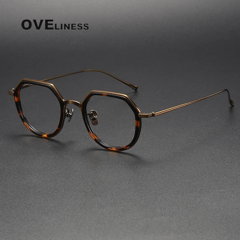 Oveliness Unisex Full Rim Polygon Acetate Titanium Eyeglasses U136 Full Rim Oveliness tortoise bronze  