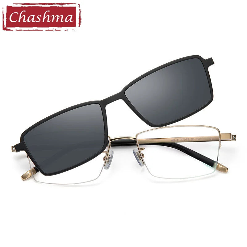 Chashma Men's Semi Rim Square Titanium Eyeglasses Clip On Sunglasses 587071