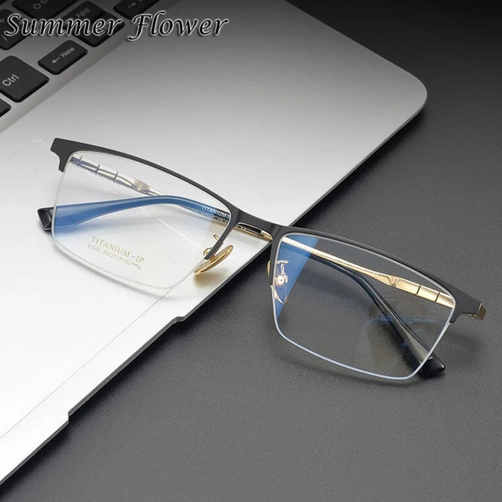 Summer Flower Men's Semi Rim Square Titanium Eyeglasses 91045