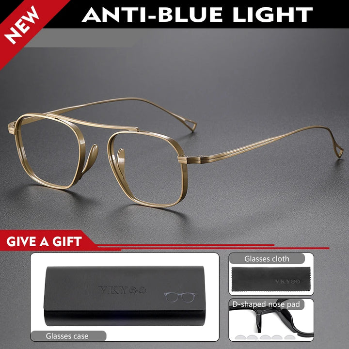 Vicky Unisex Full Rim Square Double Bridge Titanium Reading Glasses 49501 Reading Glasses Vicky -250 KMN9501- gold 