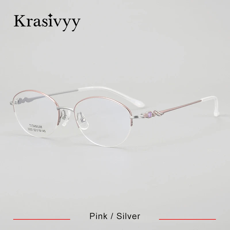 Krasivyy Women's Semi Rim Oval Square Titanium Eyeglasses 443003 Semi Rim Krasivyy Pink Silver  