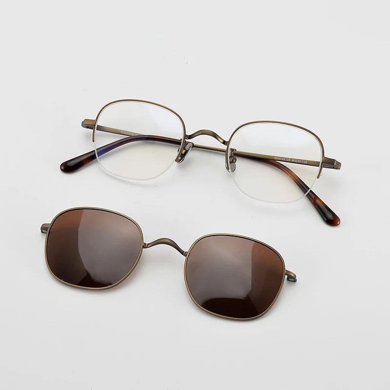 Nobler Unisex Semi Rim Round Titanium Eyeglasses Clip On Sunglasses K048 With Clip Ons Nobler C1-1