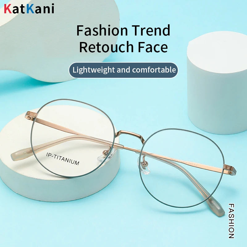 KatKani Unisex Full Rim Flat Top Round Titanium Eyeglasses 98549 Full Rim KatKani Eyeglasses   